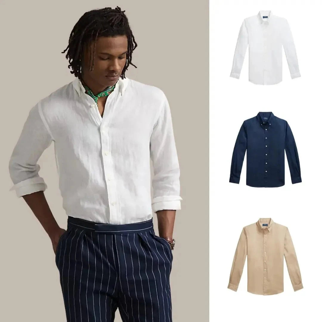 Kaufen Sie 1, erhalten Sie 3 – Klassisches Leinenhemd Vantineri Keramikweiß • Marineblau • Küstenbeige S 