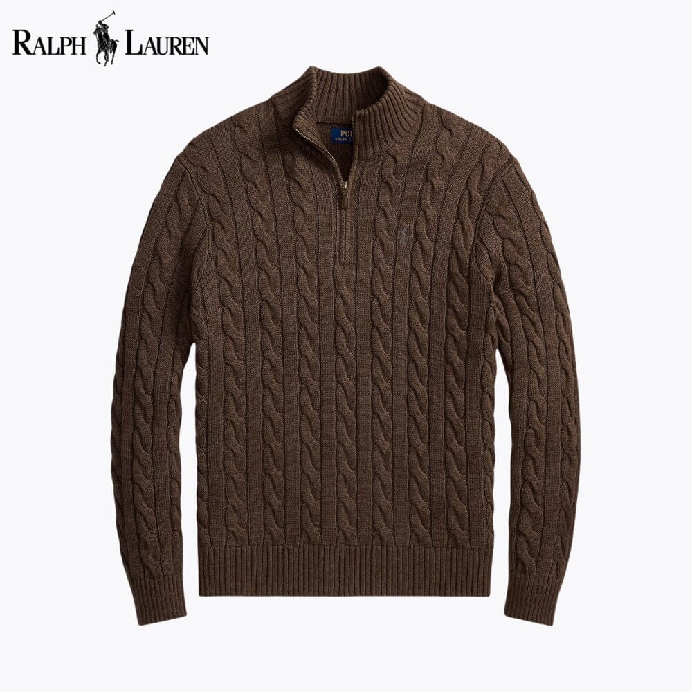 RL Chunky Cable-Knit Cotton Quarter-Zip Sweater Ralph Lauren Vantineri Brown S 