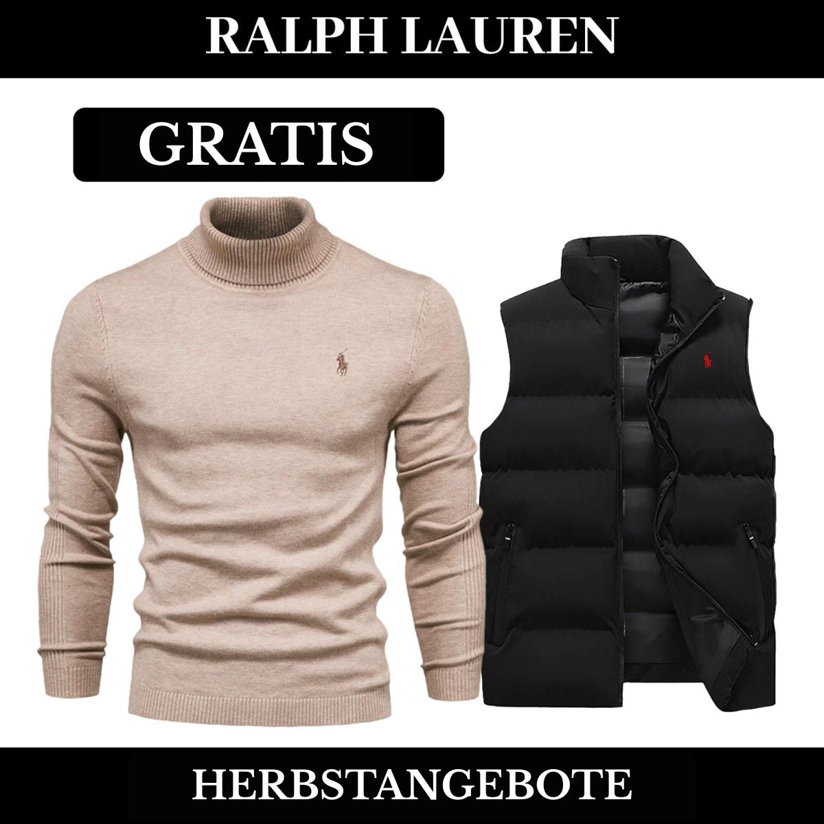 RL Weste + Gratis-Pullover (LAGERRÄUMUNG) Ralph Lauren Vantineri NoirSchwarz Beige M