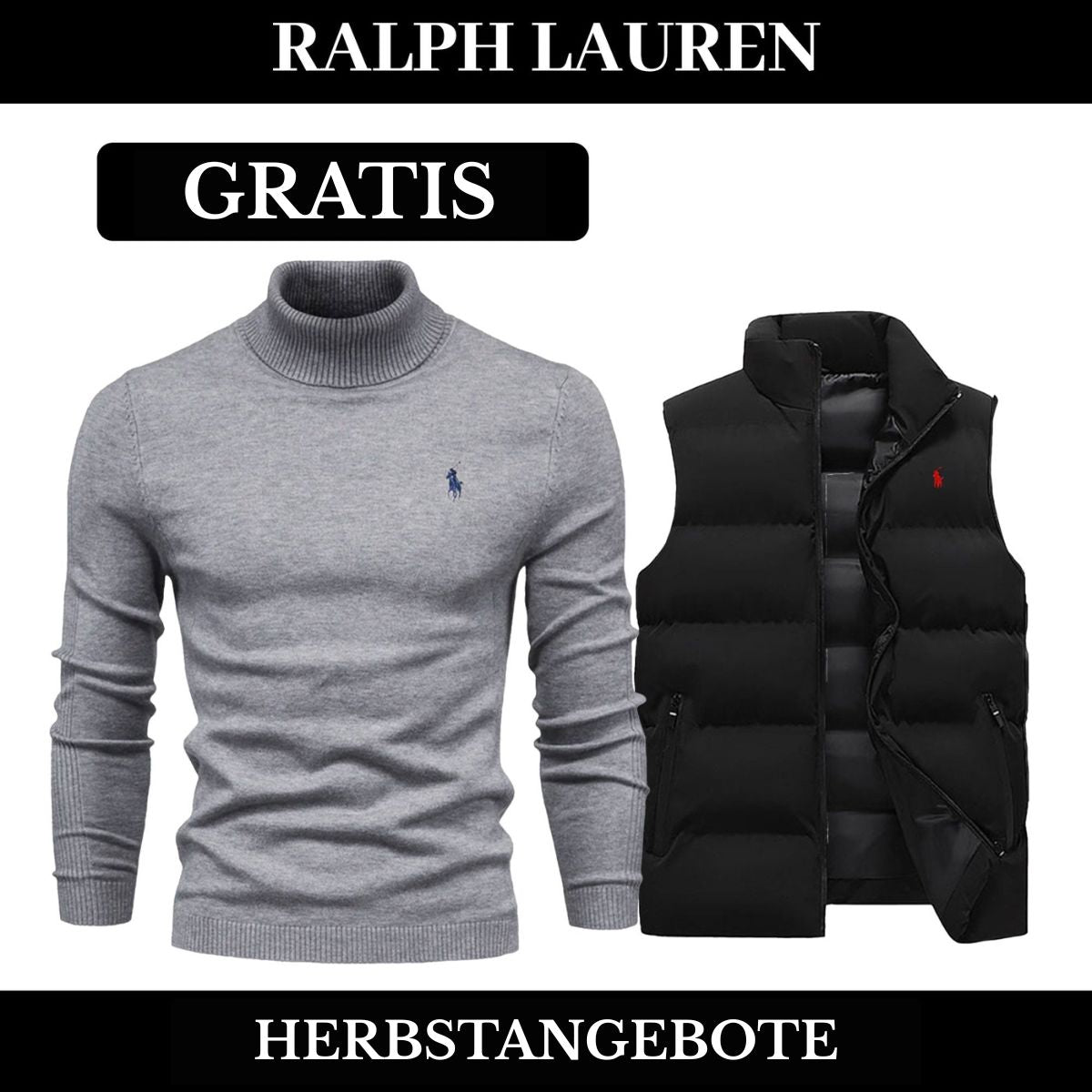 RL Weste + Gratis-Pullover (LAGERRÄUMUNG) Ralph Lauren Vantineri NoirSchwarz Grau M